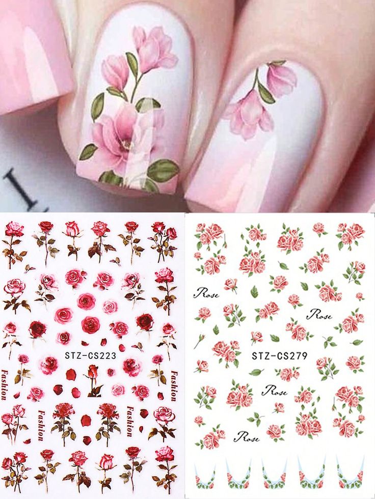 Elegant Floral Nail Art: Pink Blossoms on Nude Background with Customizable Rose Stickers.