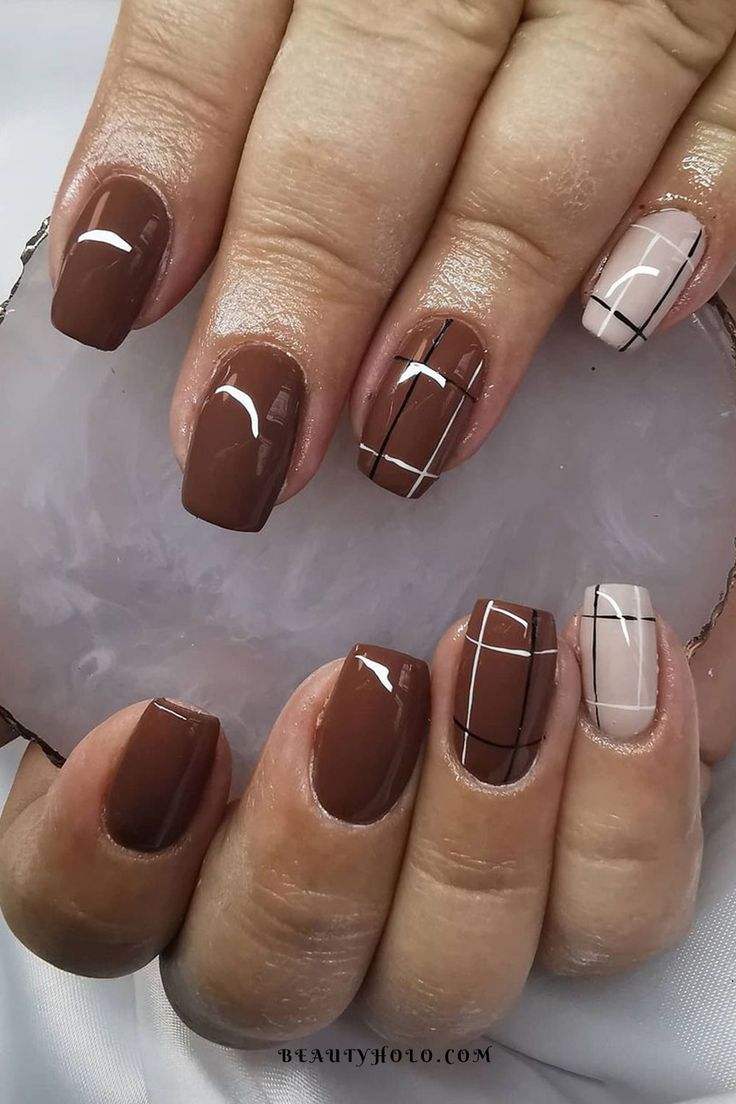 Chic Brown and Beige Nail Design with Geometric Accents