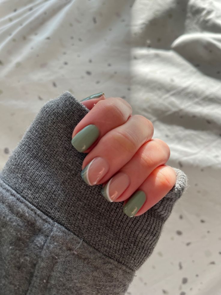 Elegant Chic Nail Design: Soothing Green and Classic Nude for Understated Sophistication