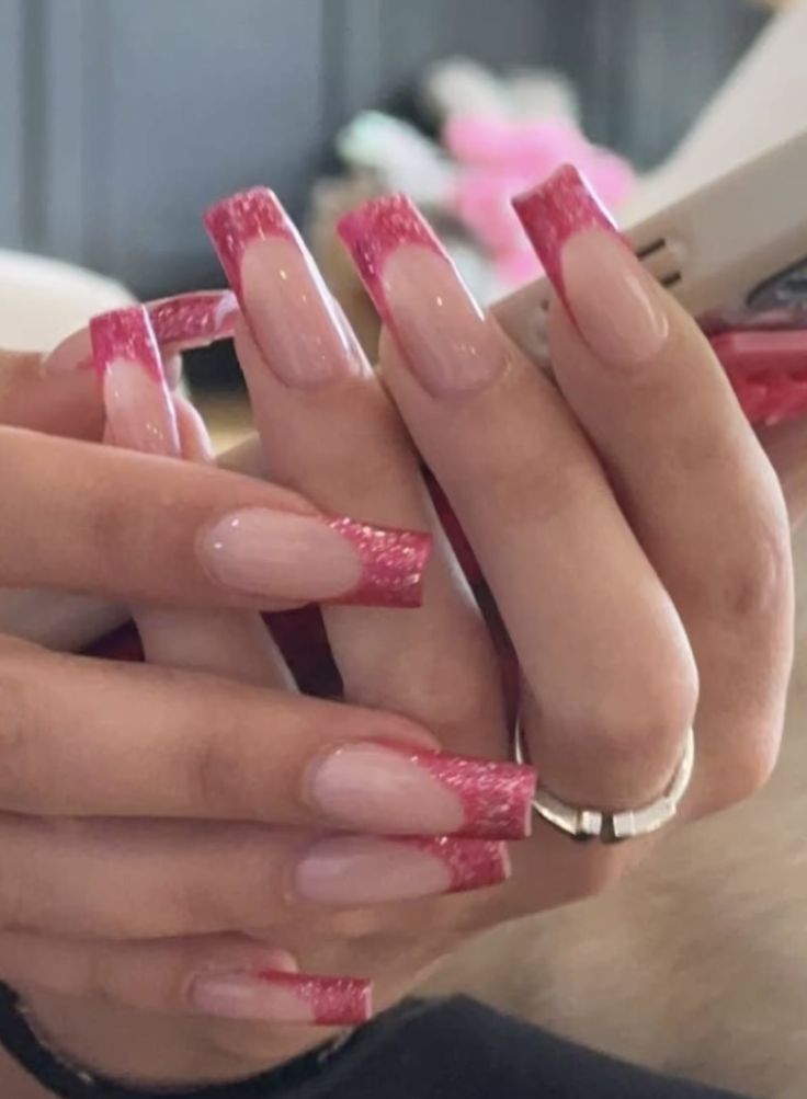 Chic Long Square Nail Design with Ombre Nude-Pink Glitter Tips