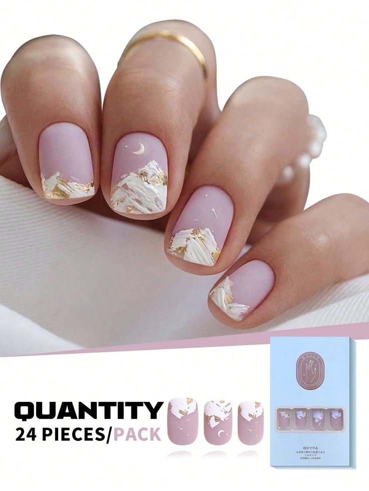 Chic Lavender Nail Design with Gold Mountain Motifs and Serene Nature-Inspired Aesthetic.