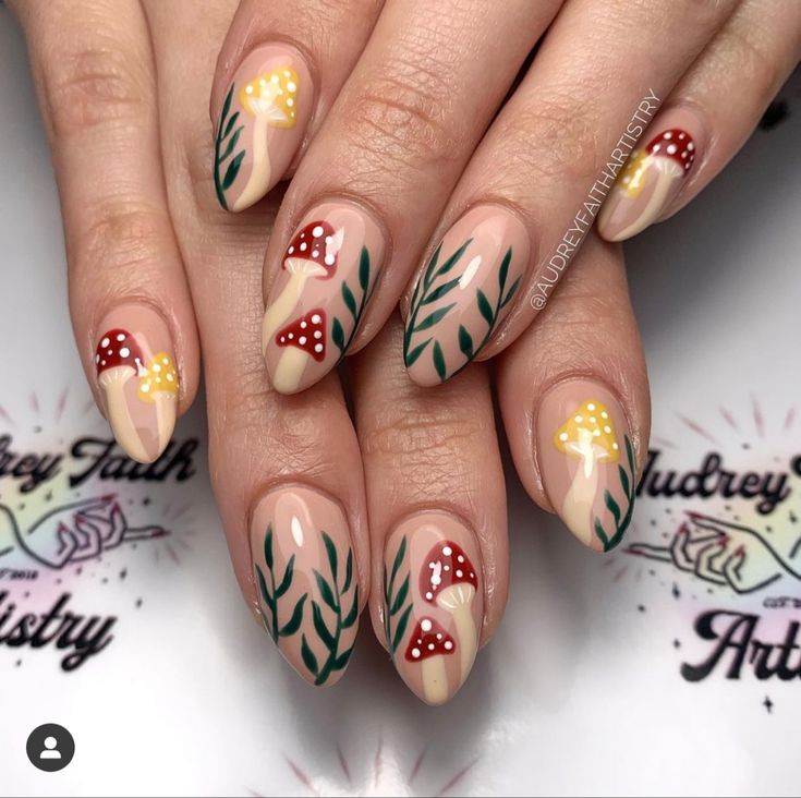 Whimsical Earthy Nail Design with Playful Mushroom Motifs.