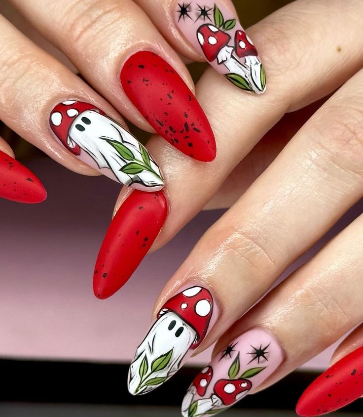 Enchanting Whimsical Nail Design with Red Matte and Glossy Finishes, Playful Illustrations, and Delicate Green Accents.