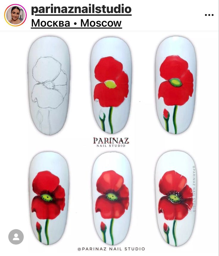 Vibrant Floral Nail Designs: Artistic Red Poppies on a White Background for a Fresh Spring/Summer Look.