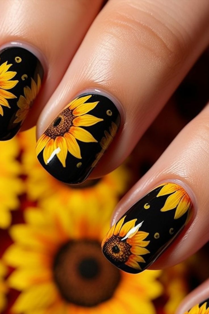 Vibrant Sunflower Nail Design: Cheerful Summer Flair on Deep Black Background.