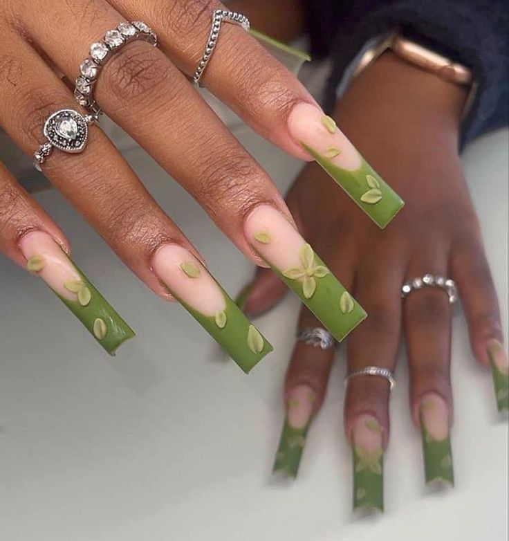 Chic Floral Ombre Green Nail Design with Elegant Accents.