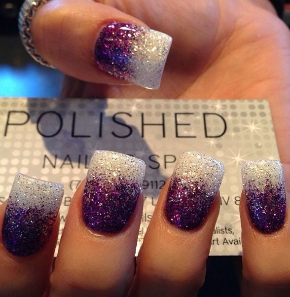 Elegant Sparkling Ombre Nails: Deep Purple to Shimmering White Gradient with Glamorous Glitter Finish.