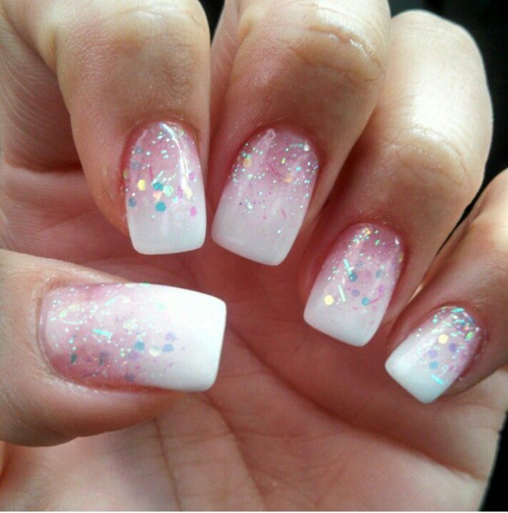 Elegant Ombre Glitter Nails: Playful Pink to Bright White Design for Any Occasion