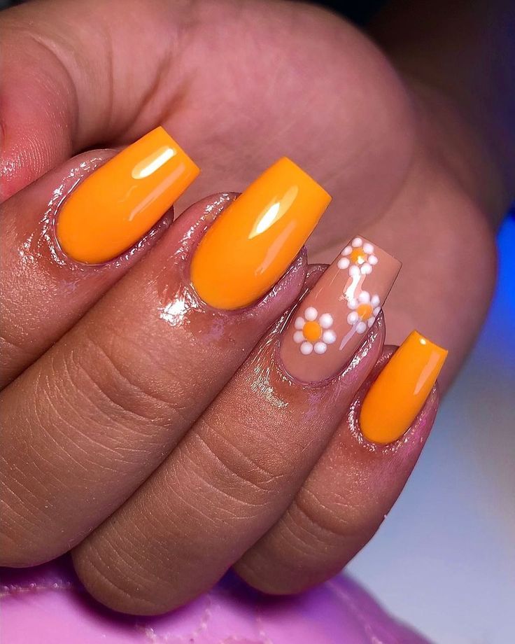 Bright Yellow and Nude Floral Nail Design for a Cheerful Summer Look.