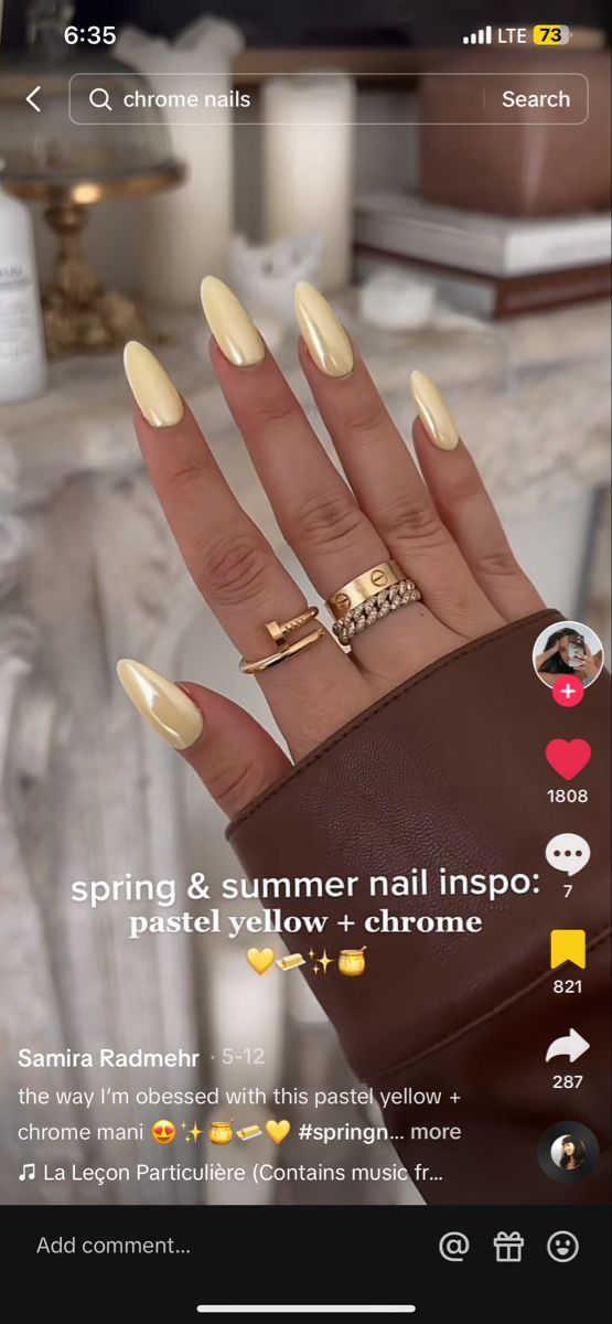 Chic Pastel Yellow Chrome Nails: A Modern Spring/Summer Design for Any Occasion.