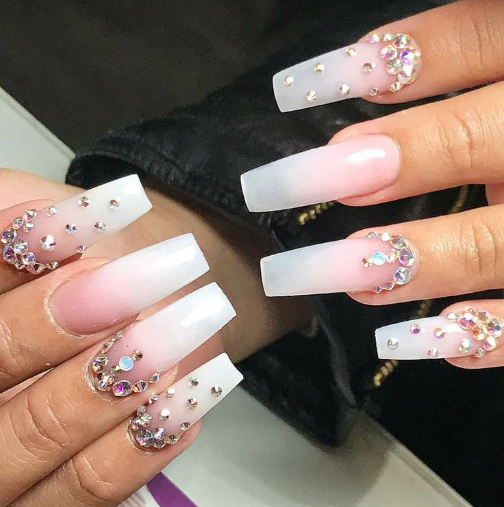 Sophisticated Ombre Acrylic Nails with Rhinestone Accents for Glamorous Occasions.