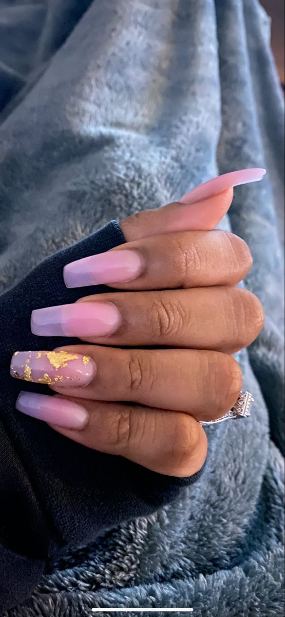 Elegant Long Nails with Soft Pink, Muted Purple, and Gold Foil Accents for a Sophisticated Look.