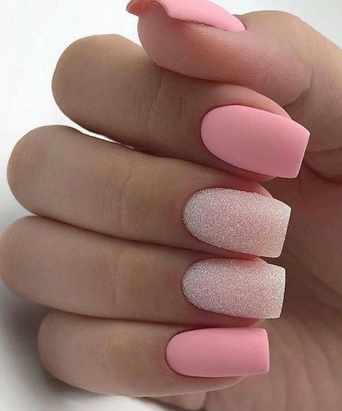 Elegant Soft Pink Gradient Nail Design with Matte and Shimmering Finishes