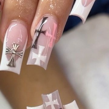 Chic Nail Design with Matte-Gloss Contrast and Edgy Silver-Pink Cross Motifs.