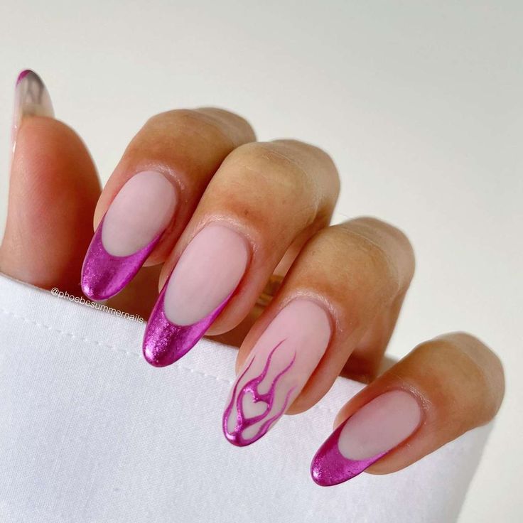 Playful Gradient Pink Nail Design with Glossy Tips and Heart-Flame Patterns.