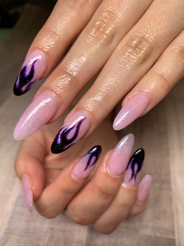 Elegant Gradient Long Nails with Purple Flame Motifs and Glossy Finish