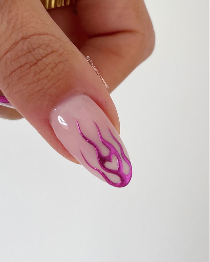 Translucent Nail Design with Vivid Pink Flame Patterns and Subtle Heart Accents.