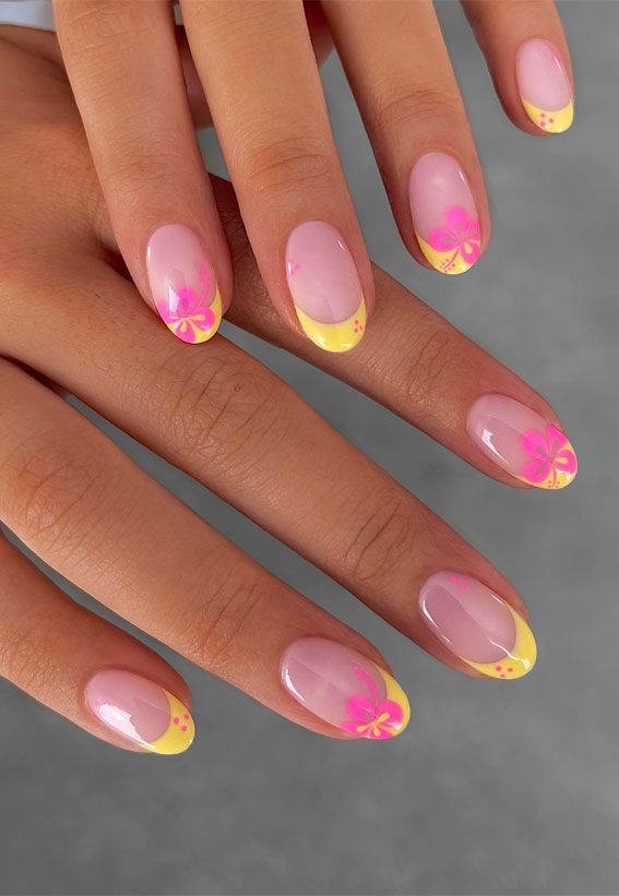 Playful Floral Nail Design in Soft Pink and Bright Yellow with French Tips