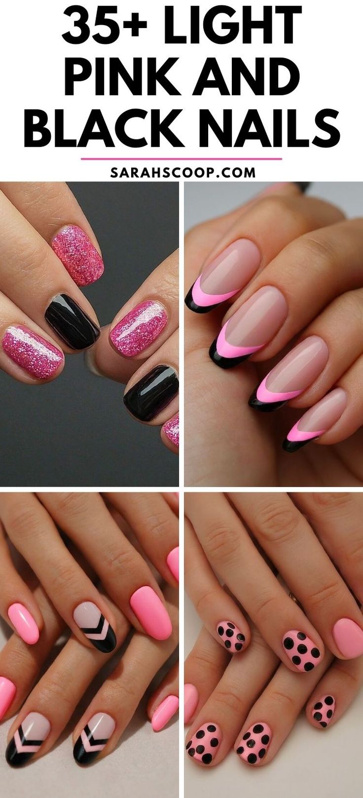 Chic Nail Design: Vibrant Light Pink and Black with Sparkly Accents and Unique Patterns.