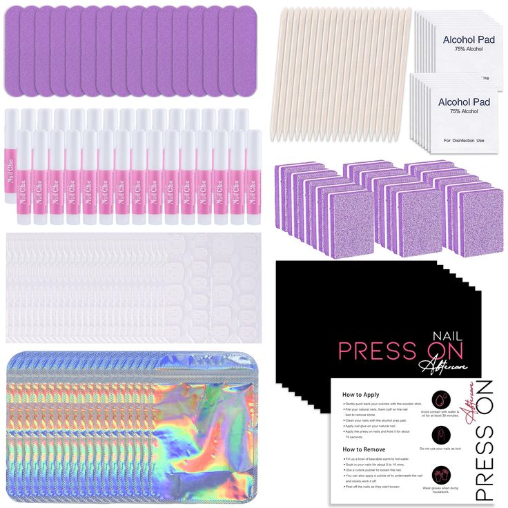 Essential Nail Design Kit: Vibrant Purple Press-On Nails with Tools, Alcohol Pads, and Instructions for Effortless Application and Care.