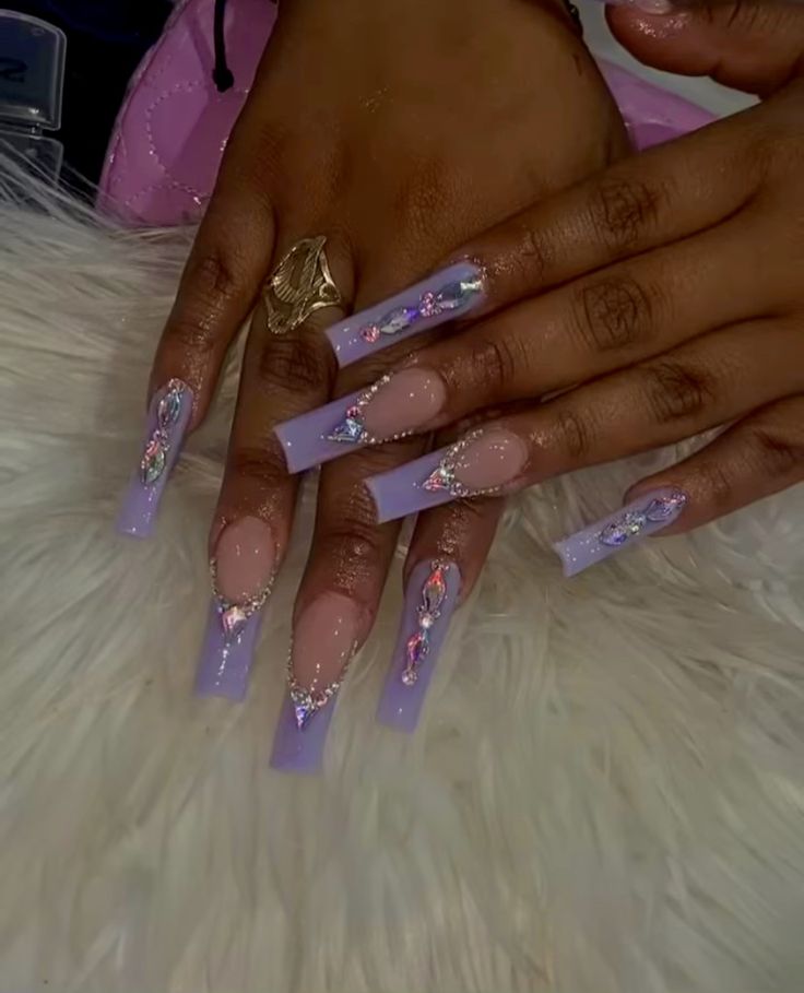 Stunning Lavender Ombre Nails with Intricate Detailing and Elegant Crystal Accents