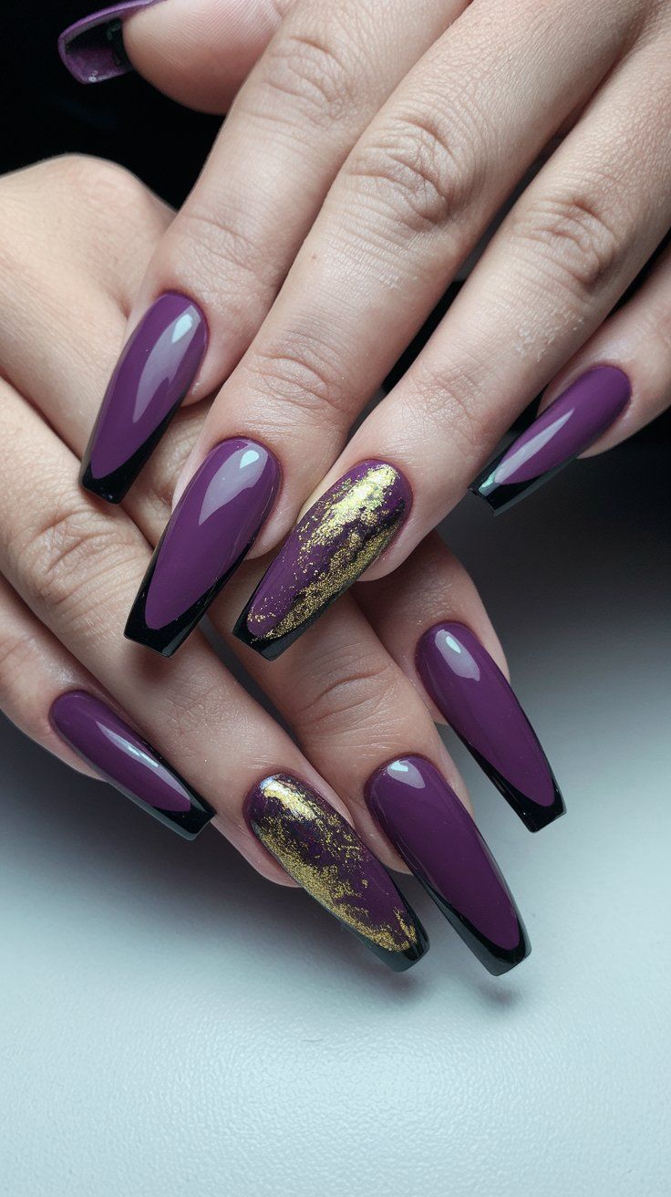 Glamorous Long Nails: Deep Plum with Black French Tips and Shimmering Gold Accent