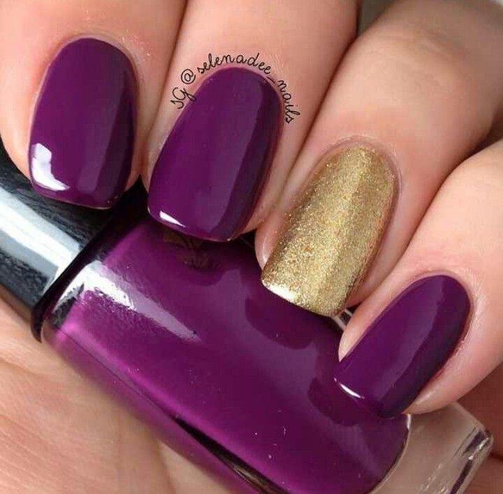 Sophisticated Nail Design: Deep Purple with Shimmering Gold Accent