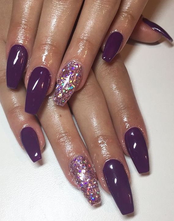 Chic Purple Nails with Glitter Accent for a Striking Look.