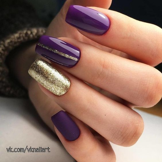 Elegant Vibrant Purple Nail Design with Glossy, Matte Finishes, and Gold Accents