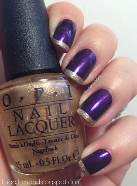 Elegant Deep Purple and Gold French Tip Nail Design for Sophisticated Style.