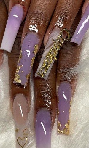 Elegant Lavender Ombre Nails with Intricate Gold Accents and Stylish Charm