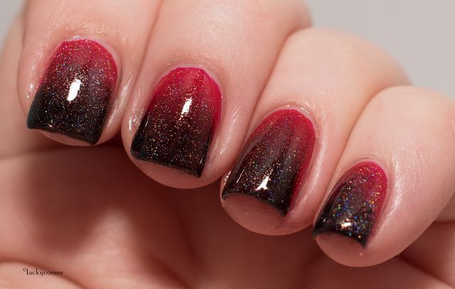 Elegant Ombre Nail Design: Deep Red and Black Gradient with Sparkling Shimmer