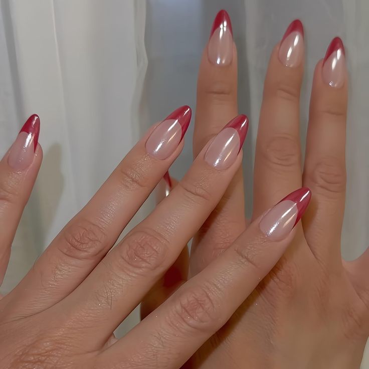 Sophisticated Ombre Almond Nails with Burgundy Tips and a Shiny Finish