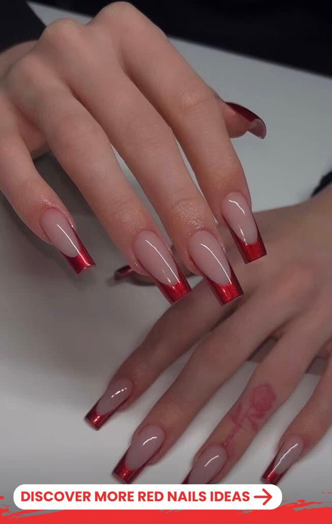 Chic Elegant Nail Design: Delicate Nude Base with Bold Red Tips