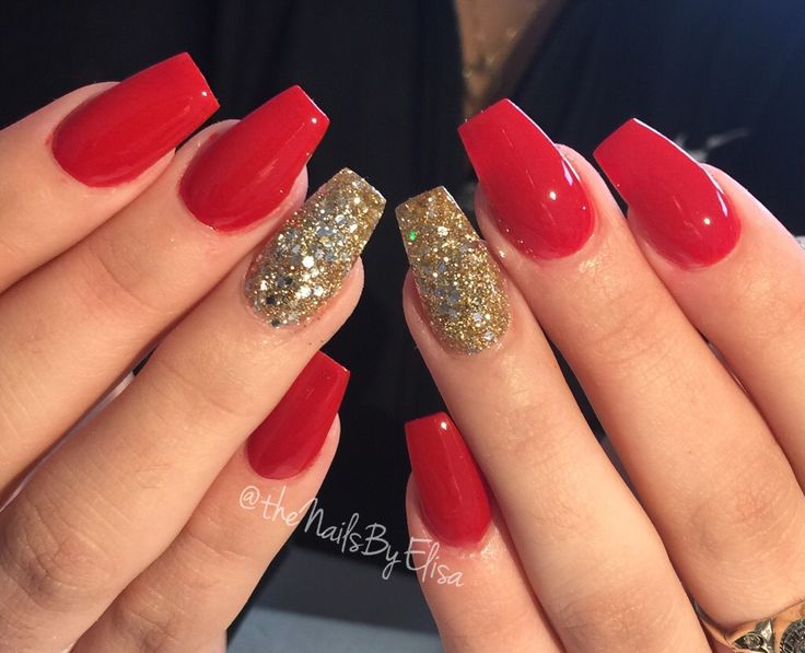 Bold Glossy Red and Glittering Gold Nail Design for Glamorous Occasions