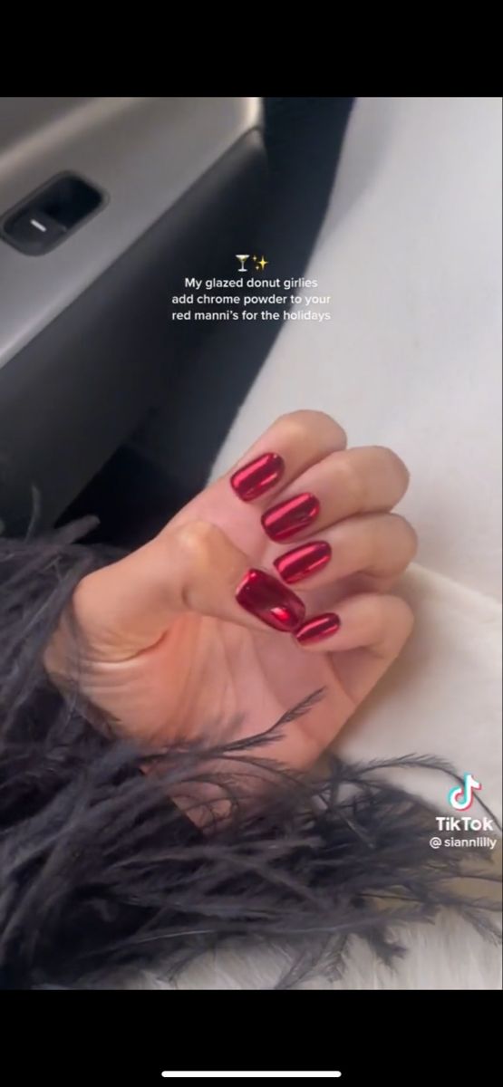 Chic Holiday Nail Art: Glossy Red with Chrome Accents