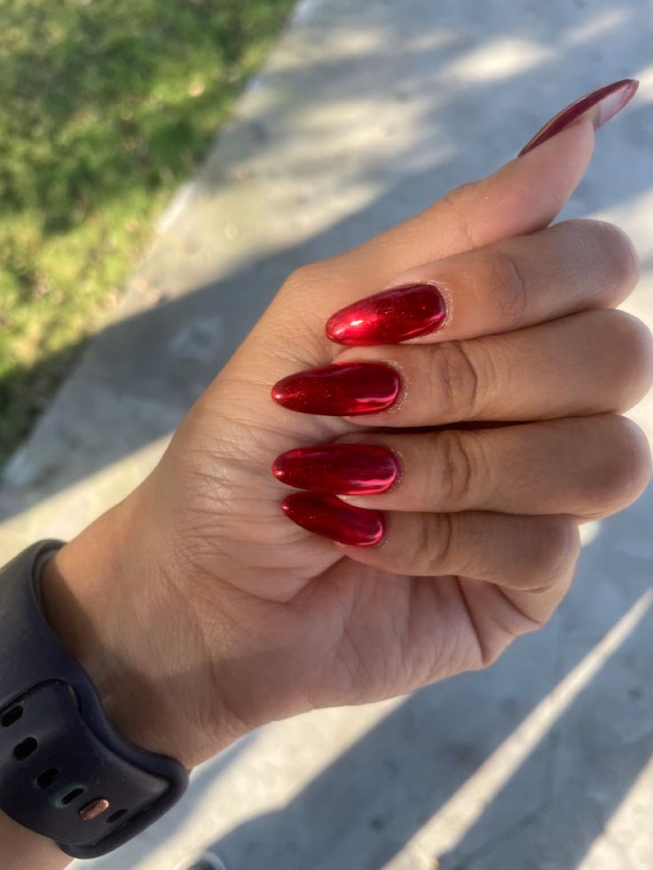 Elegant Almond-Shaped Glossy Crimson Nails for Any Occasion