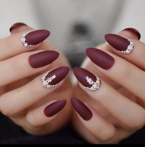 Elegant Matte Burgundy Nails with Rhinestones for a Sophisticated Look