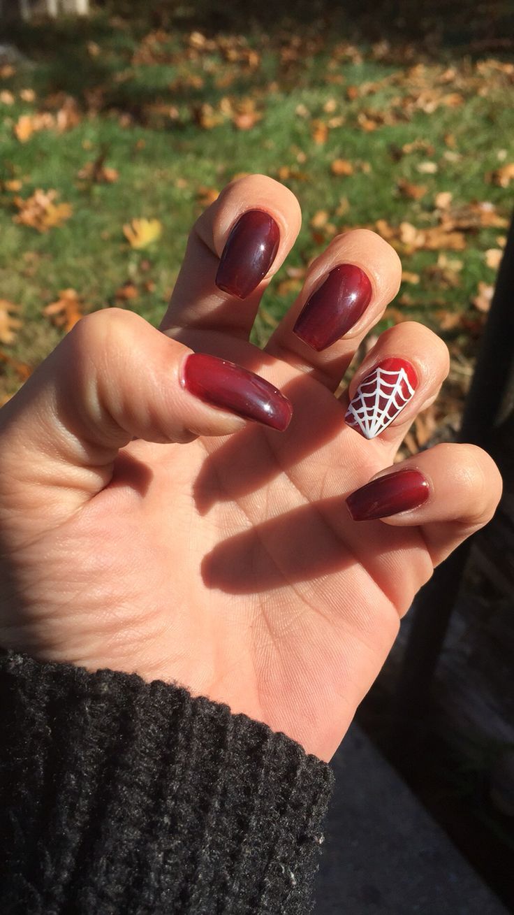 Elegant Deep Burgundy Gradient Nail Design with Playful Spider Web Accent for Autumn and Halloween.