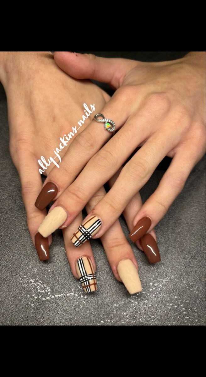 Sophisticated Nail Design Combining Chocolate Brown, Nude, and Beige with Chic Plaid Accents