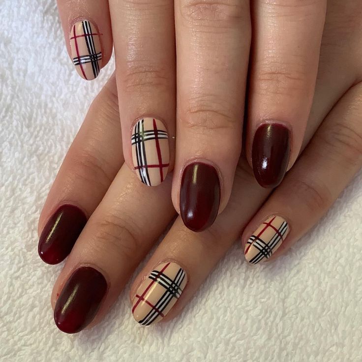 Sophisticated Chic: Deep Burgundy Nail Design with Trendy Plaid Accents