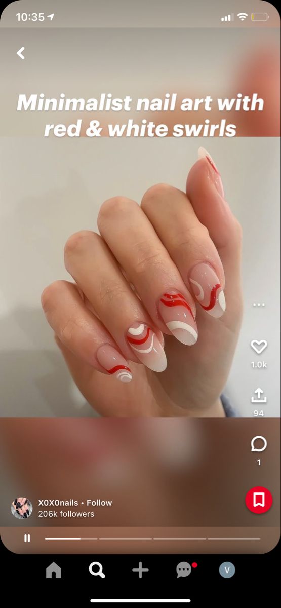 Chic Minimalist Nail Design: Striking Red and White Swirls with Pastel Accents.