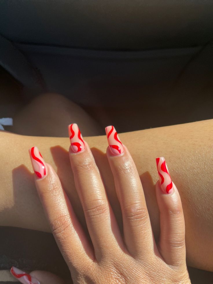 Trendy Red and White Elongated Square Nail Design m` Stylish Swirls