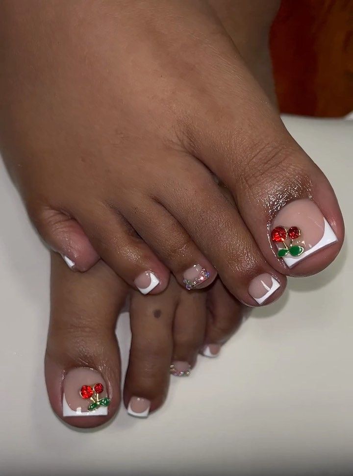 Charming Cherry-Embellished White Tip Pedicure for a Vibrant Summer Look.