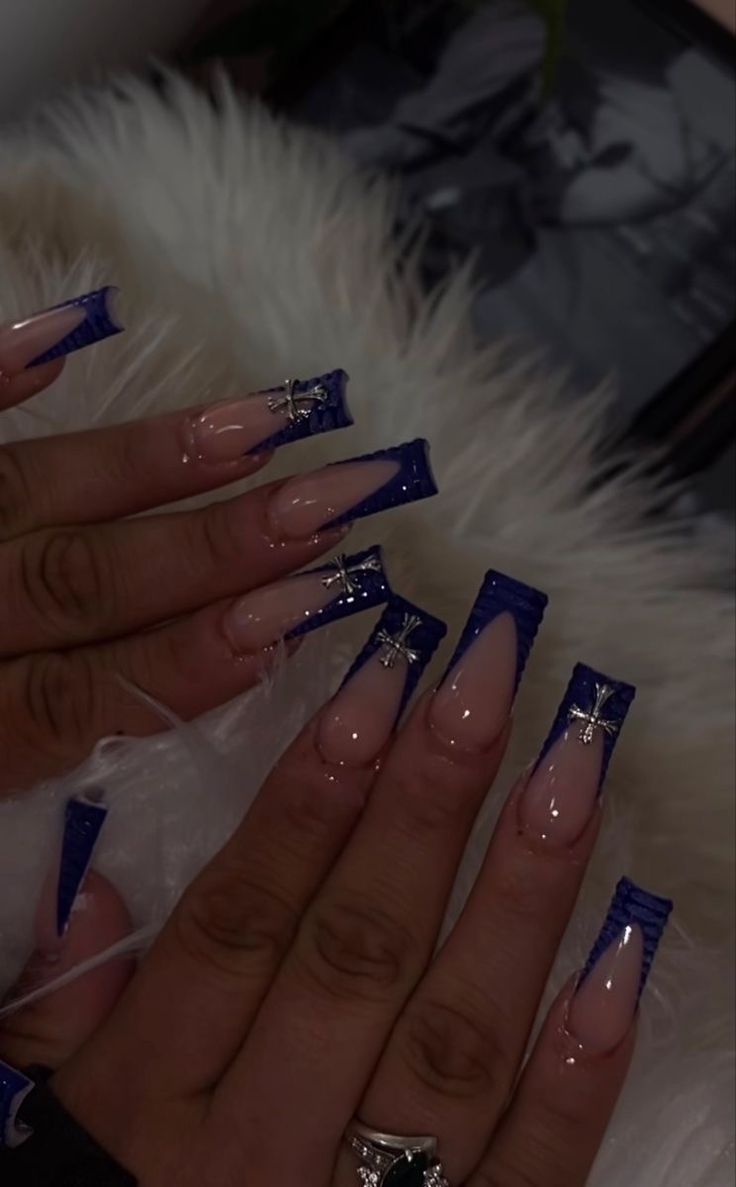 Glamorous Long Square Nail Design with Intricate Blue Tips and Elegant Embellishments