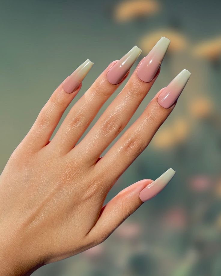 Chic Gradient Nail Design with Elongated Square Tips in Soft Pink to Mint Green Transition.