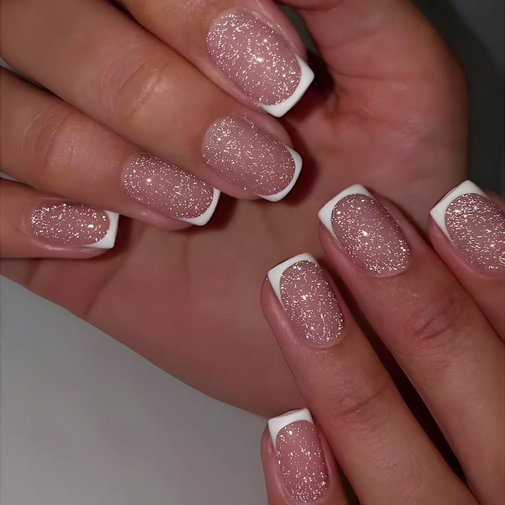 Elegant Sparkling Blush Nail Design: Shimmery Pink with Classic White Tips