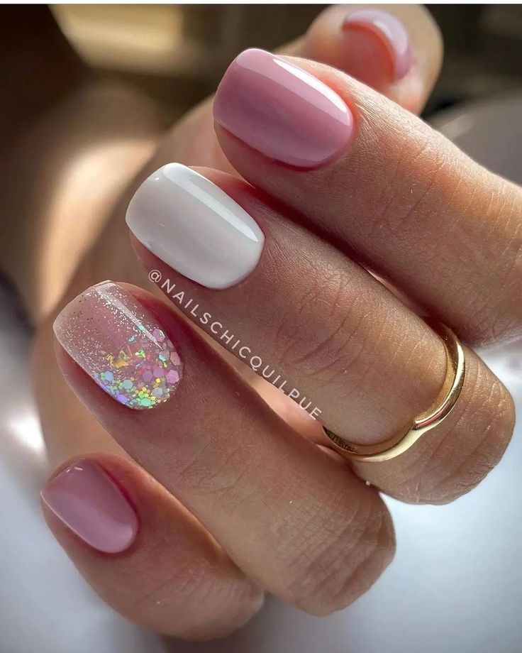 Chic Soft Pink and White Nail Design with Sparkling Accents