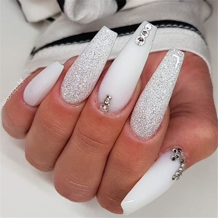 Sophisticated Glamour: Elegant White and Silver Rhinestone Manicure for Special Occasions