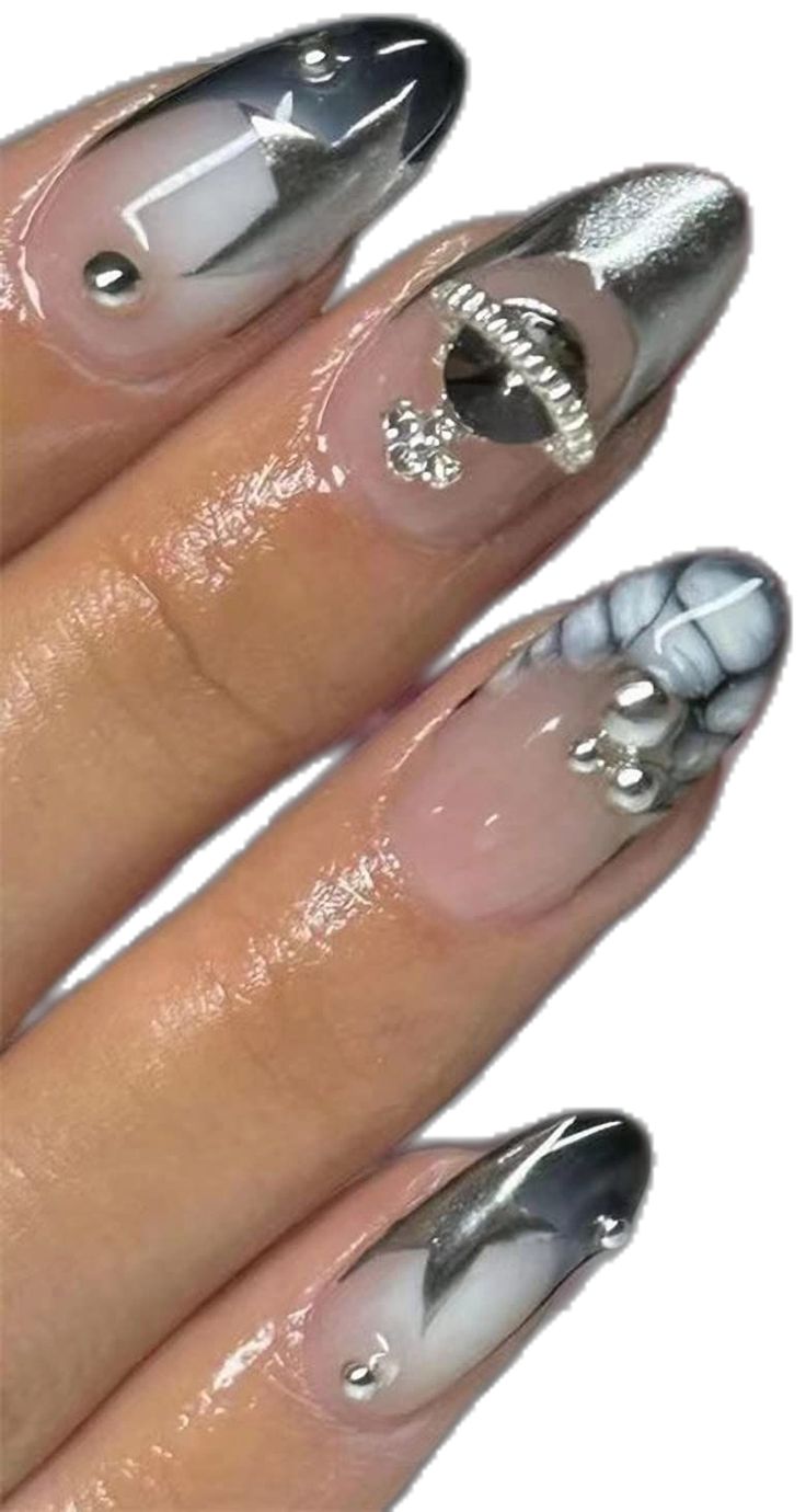 Chic Silver-Gradient Nail Design with Geometric Shapes and Elegant Pearl Accents.